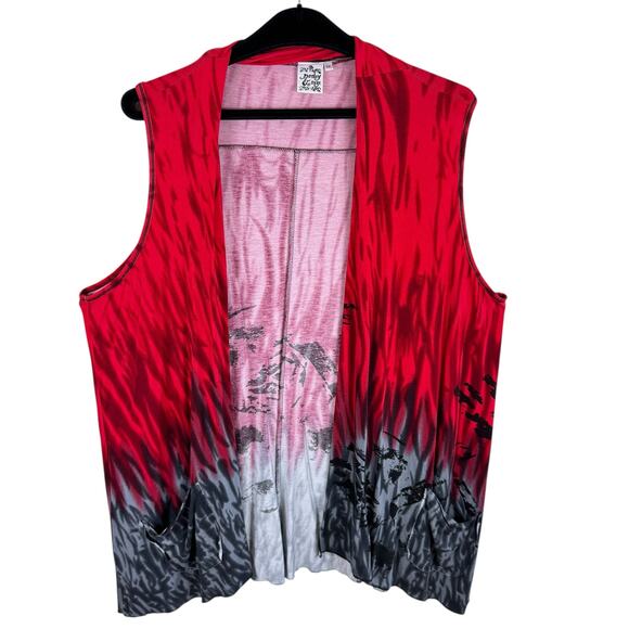 Parsley & Sage Red Gray Patterned Rayon Stretchy Lightweight Open Vest Size 2X - Picture 1 of 5